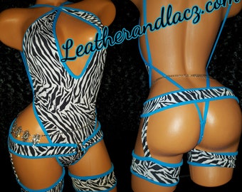 Hand Made Zebra and Aqua Blue One Piece Thong w/ Stripper Chaps Leg Pieces, Criss-Cross String Back Exotic wear Stripper Outfit Made USA
