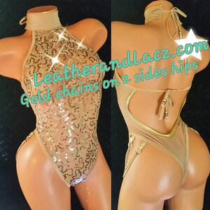 Stripper Exotic Dancer, Monokini, Romper, Onesie, Thong, One Piece, Sequins, Gold, Stretch, Custom Made Stripper Clothes, Lingerie, image 5