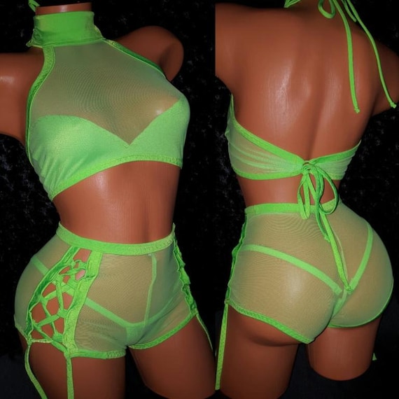 3 Piece Set, HyperGlowTour Girls in Lace-up High Waist Booty Shorts, Exotic Dance-wear, Stripper Outfit, Crop Top, Thong Exotic dancewear