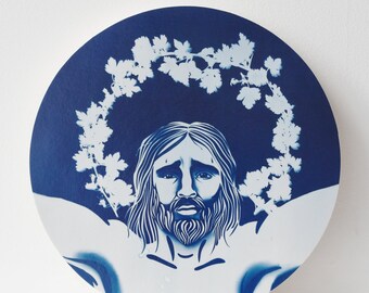 His Passion no. 2 | 12" original cyanotype mounted on wood round