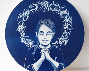 The Child Mary no. 1 | 12" original cyanotype mounted on wood round