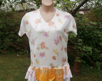 CLEARANCE SALE - Upcycled Sweater Dress 'Mango Blossom' - Uk size 14 - US size 10 White Orange Purple Green Flower Print Chiffon Lace Skirt