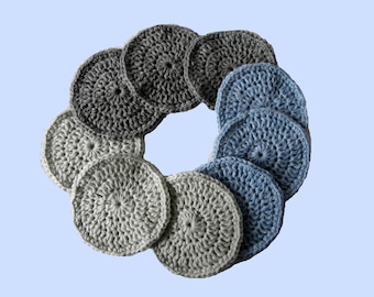 9 Cotton Pads - Eco-friendly Make-up Remover Scrubbies - Blue Grey Seashore Colours Recycled Cotton Reusable Cosmetic Wash Cloth Gift