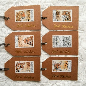 6 Best Wishes Gift Tags - Eco Friendly Big Cat Postage Stamp Tag Set - Carte recyclée - Timbres de la faune léopard - Anniversaire anniversaire