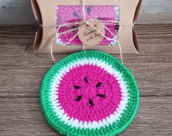 Watermelon Coaster in Gift Box - Crochet Felt Back Drink Coffee Mug Mat - Fruit Birthday Christmas Housewarming Gift Summer Table Decoration
