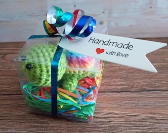 Crochet Rainbow Turtle in a Gift Box - Mini Amigurumi Knit Stuffed Animal Plushie - Cute Handmade Small Pretend Play Bead Eye Tortoise Toy