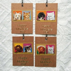 4 bonne fête maman étiquettes - Eco Friendly chien chat timbre Tag Set - recyclé carte & Pet tampons animaux