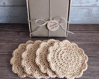 4 Gift Boxed Gold Crochet Coasters - Eco Friendly Recycled Cotton Knit Drink Mats - Pretty Round Lacy Coffee Mug Birthday Present Set