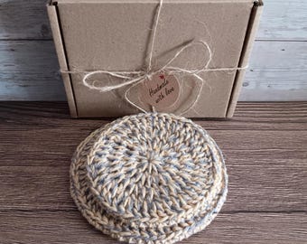 2 Scrubbies in a Gift Box - Eco-friendly Recycled Cotton Crochet Dish Pot Sponges - Mustard Yellow Grey Washing Up Pads Kitchen Set