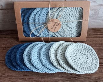 9 Cotton Pads - Eco-friendly Make-up Remover Scrubbies - Blue Grey Seashore Colours Recycled Cotton Reusable Cosmetic Wash Cloth Gift