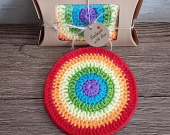 Rainbow Coaster in Gift Box - Crochet Felt Back Drink Coffee Mug Mat - Birthday Christmas Housewarming Gift Summer Table Decoration
