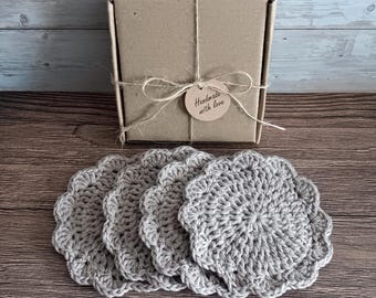 4 Brown Crochet Coasters - Eco Friendly Recycled Cotton Knit Drink Mats - Pretty Round Lacy Coffee Mug Glass Mat Birthday Party Gift Set