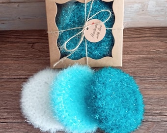 Three Korean Scrubbies in a Gift Box - Blue Tones Sparkly Crochet Scrubbies Washing Up Pads - Blue White Colors Dish Sponges Gift Set