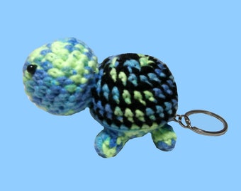 Crochet Turtle Keyring Blue Black Yellow Keychain Knit Miniature Stuffed Animal Soft Toy Mini Party Favour Bag Stocking Filler Birthday Gift