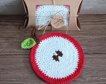 Apple Slice Coaster in a Gift Box - Crochet Felt Back Drink Coffee Mug Mat - Fruit Birthday Teacher Gift Autumn Fall Table Decoration