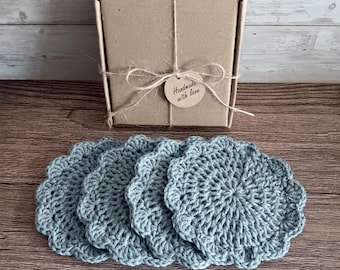 Coaster Set in a Gift Box - 4 Dark Grey Eco Friendly Crochet Recycled Cotton Drink Mats - Pretty Round Coffee Mug Glass Mat Birthday Present
