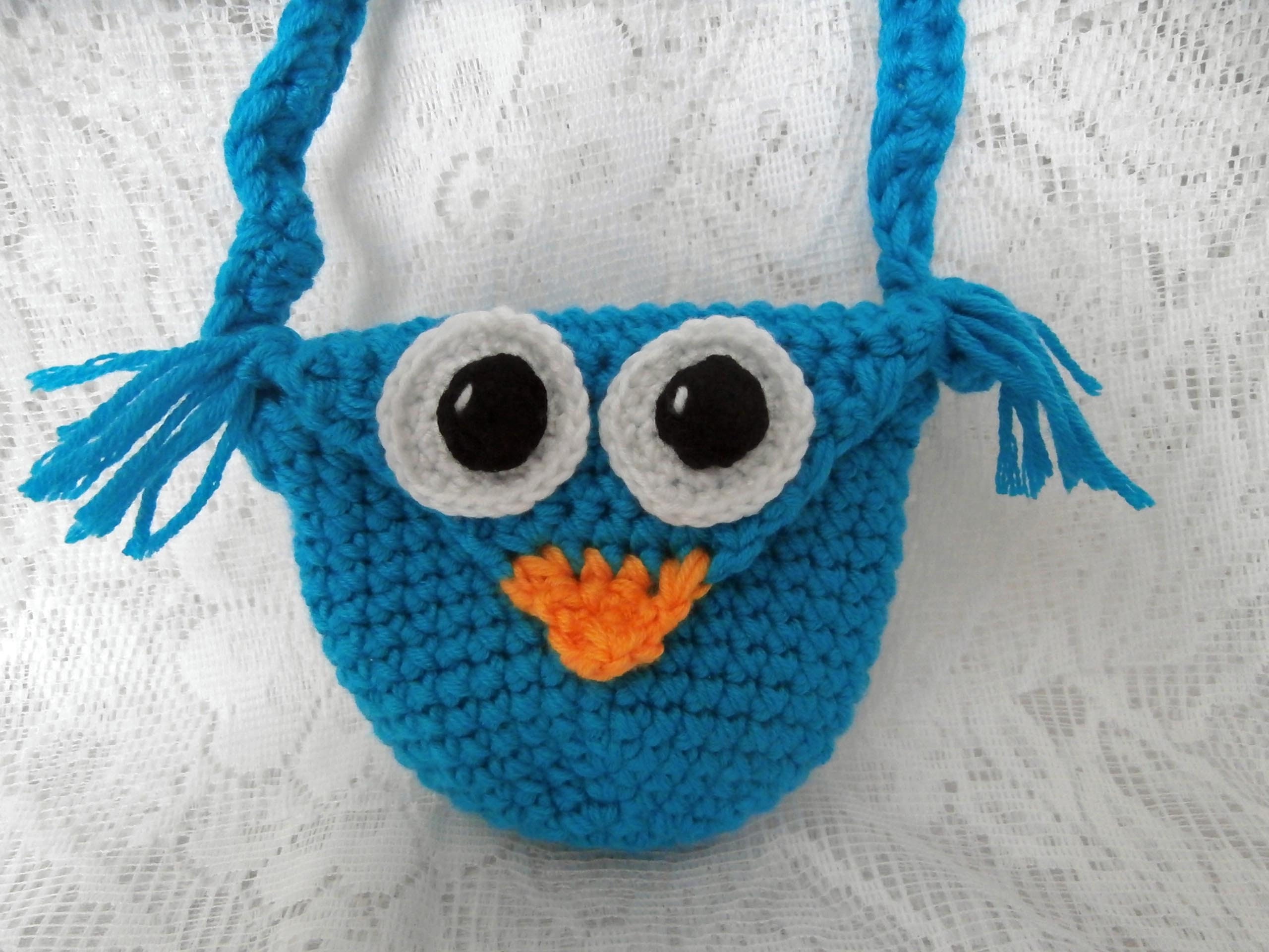 Crochet Owl Purse - Blue Knit Coin Change Holder - Cute Long Handle Strap Snap Fastener Animal Bird 