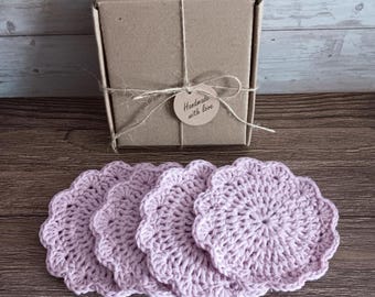 4 Pink Coasters Set in Gift Box - Eco Friendly Recycled Crochet Cotton Knit Drink Mats - Pretty Round Lacy Coffee Mug Glass Mat Party Gift