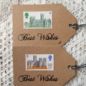 5 Étiquettes-cadeaux de timbre-poste - Eco-Friendly Best Wishes Church Cathedral Design Gift Tags - Carte recyclée - Blue Orange Green Brown Timbres