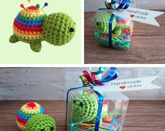 Rainbow Turtle Pincushion in a Gift Box - Crochet Animal Pin Cushion With Pins - Needle Storage Organiser, Stocking Filler Sewing Craft Gift