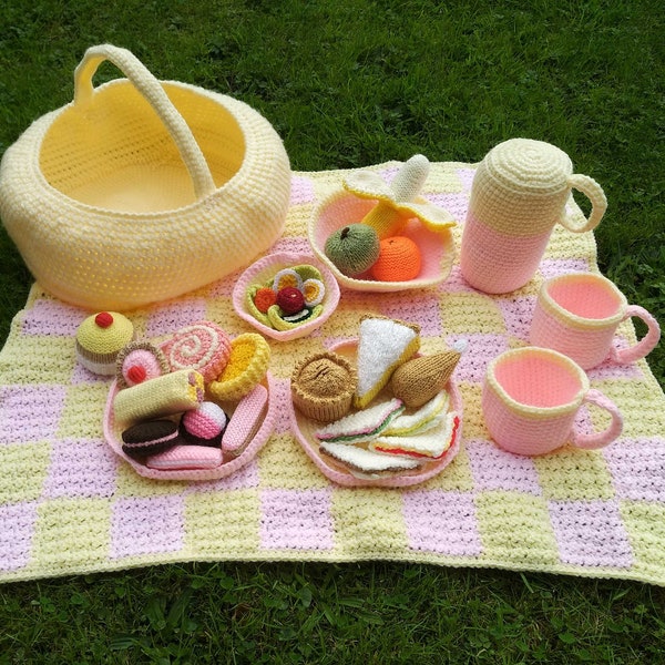 Picnic Play Set - Crochet Basket Blanket Flask Cups Plates - Knit Food Buns Cakes Sandwiches Pork Pie Chicken Salad Biscuits Fruit Toy Gift