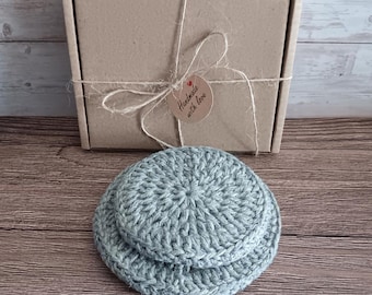 2 Washing Up Scrubbies - Set of Two Eco-friendly Recycled Cotton Crochet Dish Pot Sponges Knit Green Grey Washing Up Pads Kitchen Gift Set