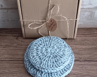 2 Washing Up Scrubbies - Two Eco-friendly Recycled Cotton Crochet Dish Pot Scourer Sponges - Knit Blue Grey Washing Up Pads Kitchen Gift Set