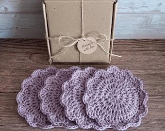 4 Dusky Pink Coasters Set in Gift Box - Eco Friendly Recycled Crochet Cotton Knit Drink Mats - Pretty Round Lacy Coffee Mug Glass Mat Gift
