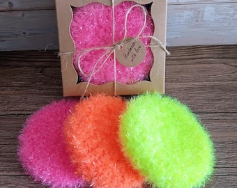 Three Korean Scrubbies - Neon Colours Sparkly Crochet Washcloths - Pink Orange Yellow Washing Up Gift Set - Round Wash Pads in a Gift Box