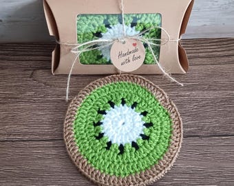 Gift Boxed Kiwi Slice Coaster - Crochet Felt Back Drink Coffee Mug Mat - Fruit Birthday Christmas Housewarming Gift Summer Table Decoration