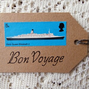 4 Bon Voyage Geschenkanhänger - Eco-Friendly Briefmarken Schiff Tags - Recycling-Karte & blau weiß schwarz viel Glück Boot Reise-Briefmarken