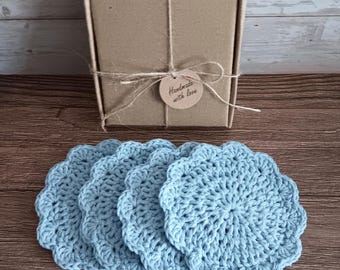 4 Blue Coasters Gift  Set - Eco Friendly Recycled Crochet Cotton Knit Drink Mats - Pretty Round Lacy Coffee Mug Glass Mat Birthday Gift Box