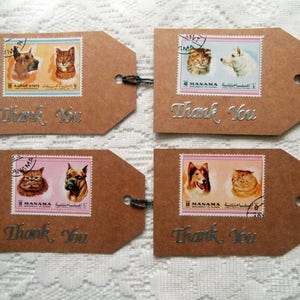 4 Danke Geschenkanhänger - Eco Friendly Katze Hund Brief stempel Tag Set - Recycling-Karte & Haustier Tier Briefmarken
