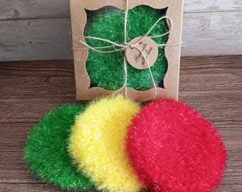 Korean Scrubbie Gift Set - Juicy Fruit Colours Sparkly Crochet Scrubbies Washing Up Pads - Red Green Yellow Dish Sponges in a Gift Box