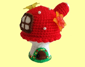 Poduszka na szpilki Toadstool - szydełkowana czerwona, biała, grzybowa, wróżkowa, elfka, poduszka na szpilki - Lucite Flower Knit Sewing Organizer Storage Gift