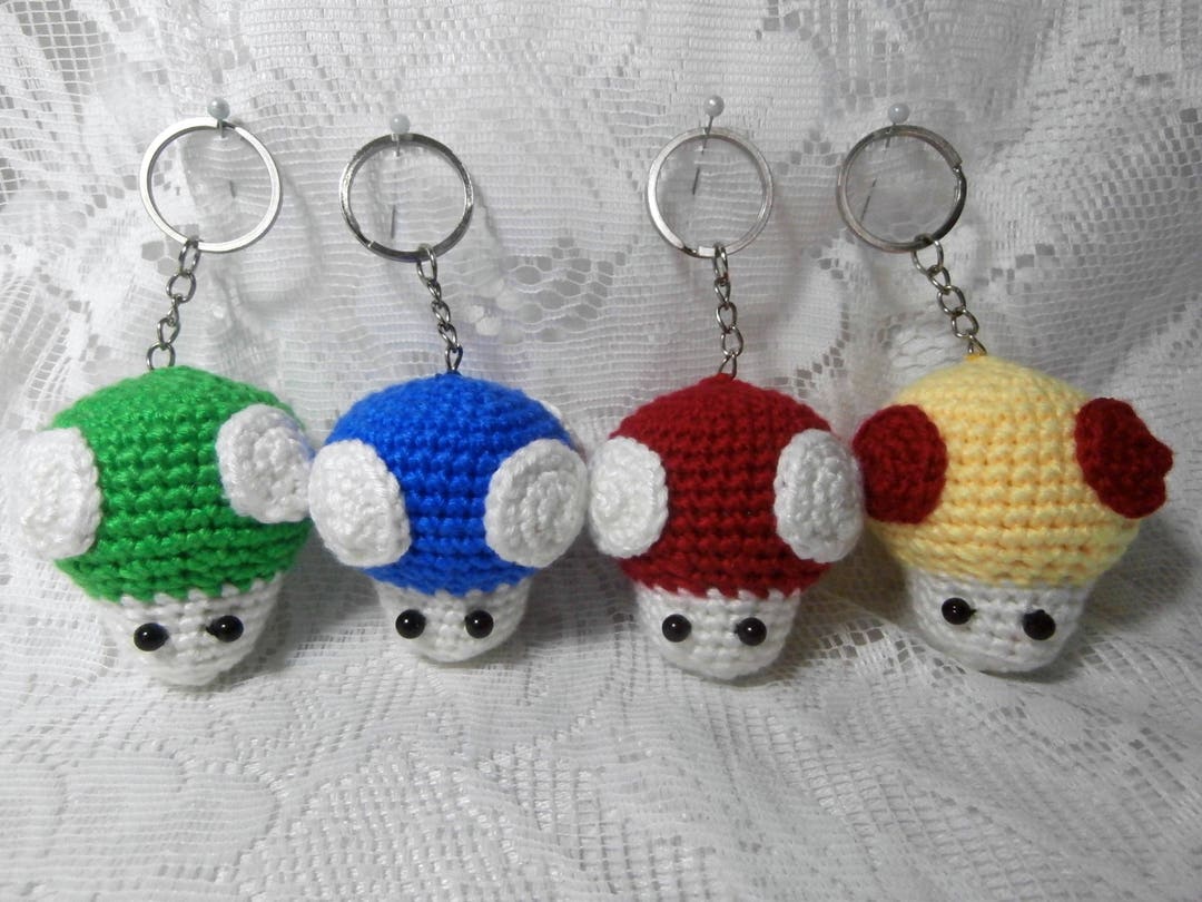 Crochet Mario Bros Mushroom Keyrings - Amigurumi Keychain Knit ...