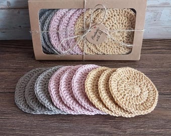 Make-up Remover Pads - 9 Eco-Friendly Crochet Scrubbies Coral Yellow Brown Desert Colours Recycled Cotton Reusable Cosmetic Gift Pads