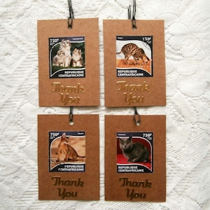4 etiquetas de presente de agradecimento - Conjunto de etiquetas de selo postal ecológico para gatos - Cartão reciclado e selos de animais de estimação