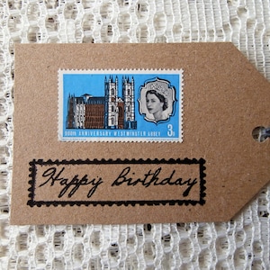 4 Alles Gute zum Geburtstag Geschenkanhänger - Umweltfreundliche Briefmarkenanhänger aus recycelter Karte & Blau Braun Britische Briefmarken