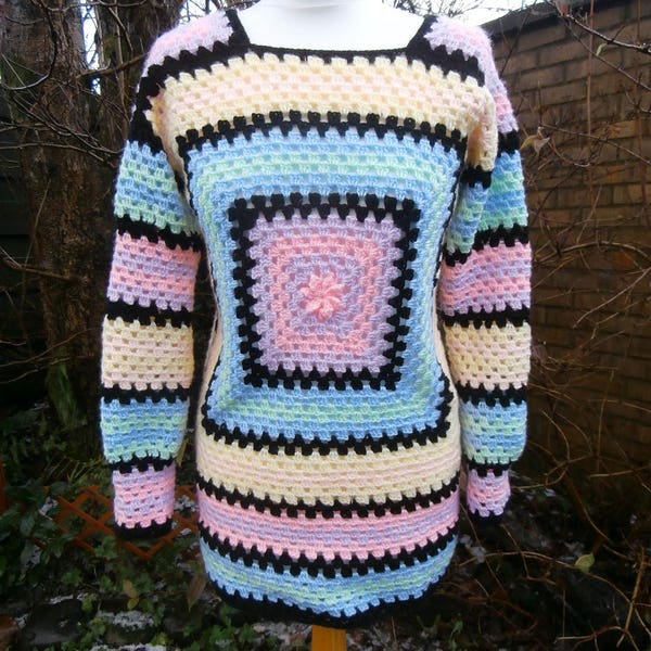 SALE - Crochet Rainbow Sweater Knit Jumper UK size 10 - 12 US size 6 - 8 - Blue Pink Purple Green Yellow Peach Black Wool Pullover