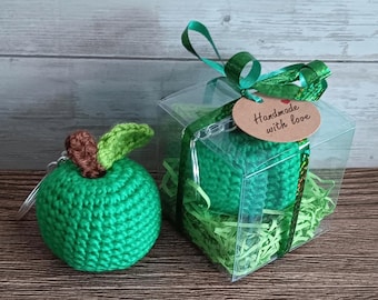 Gift Boxed Crochet Apple Keyring - Keychain Knit Miniature Fruit  - Play Food Toy Dark Green Apple Teacher Birthday School Party Favour Gift
