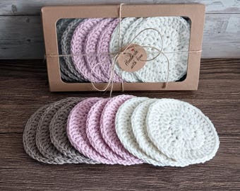 Make-up Remover Pads - 9 Eco-Friendly Crochet Scrubbies - Pink White Brown Ice Cream Colours - Recycled Cotton Reusable Cosmetic Gift