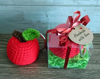 Crochet Apple Keyring in a Gift Box - Keychain Knit Miniature Fruit  - Play Food Toy Red Apple Teacher Birthday School Present Party Favour