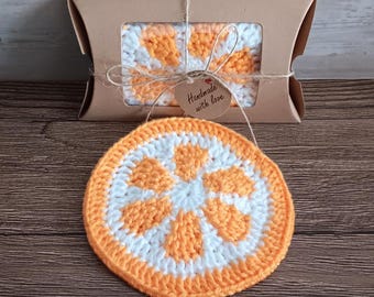 Orange Slice Coaster in a Gift Box - Crochet Felt Back Drink Coffee Mug Mat - Fruit Birthday Housewarming Gift Autumn Fall Table Decoration