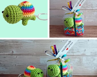 Gift Boxed Rainbow Turtle Keyring - Crochet Keychain Knit Miniature Pet Animal Soft Toy - Mini Tortoise Party Favour Bag Birthday Gift