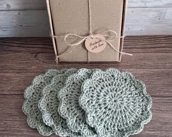 4 Green Crochet Coasters - Gift Box of Eco Friendly Recycled Cotton Knit Drink Mats - Pretty Round Lacy Coffee Mug Glass Mat Birthday Set