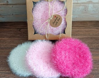 Gift Set of Korean Scrubbies - Pink Tones Sparkly Crochet Scrubbies Washing Up Pads - Pink White Colors Dish Sponges Cloths in a Gift Box