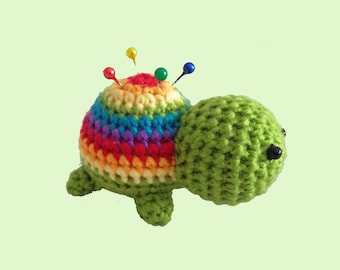 Rainbow Turtle Pin Cushion - Crochet Animal Pincushion With Pins - Knit Needle Storage Organiser Stocking Filler Birthday Sewing Craft Gift