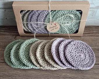 9 Cotton Pads - Set of Eco-friendly Make-up Remover Scrubbies Pink Green Brown Woodland Colours - Recycled Cotton Reusable Cosmetic Gift