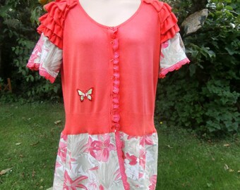 CLEARANCE SALE - Plus Size Upcycled Cardigan Sweater Dress 'Flame Tree' - Uk 18 - 20 - US 14 - 16 - Coral Red Short Sleeve Butterfly Flower